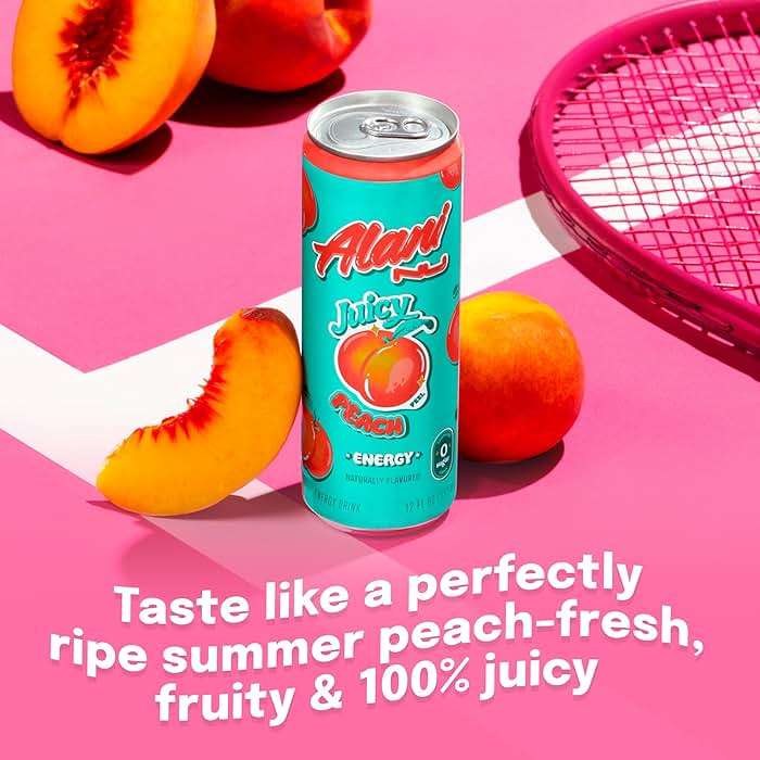 Alani Nu JUICY PEACH, Sugar Free, Low Calorie Energy Drinks, 200mg Caffeine, Biotin, B Vitamins, Zero Sugar, 10 Calories, 12 Fl Oz Cans, 12 Pack - Image 4