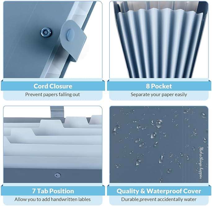 SKYDUE Expanding File Organizer with 8 Pockets, Accordion File Folders with Labels, Portable Document Paper Bill Receipt Organizer, Home College School Office Supplies, Letter Size, Blue - Image 5