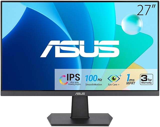 ASUS 27 Inch Monitor - 1080P, IPS, Full HD, Frameless, 100Hz, 1ms, Adaptive-Sync, for Working and Gaming, Low Blue Light, Flicker Free, HDMI, VESA Mountable, Tilt - VA27EHF - Image 1