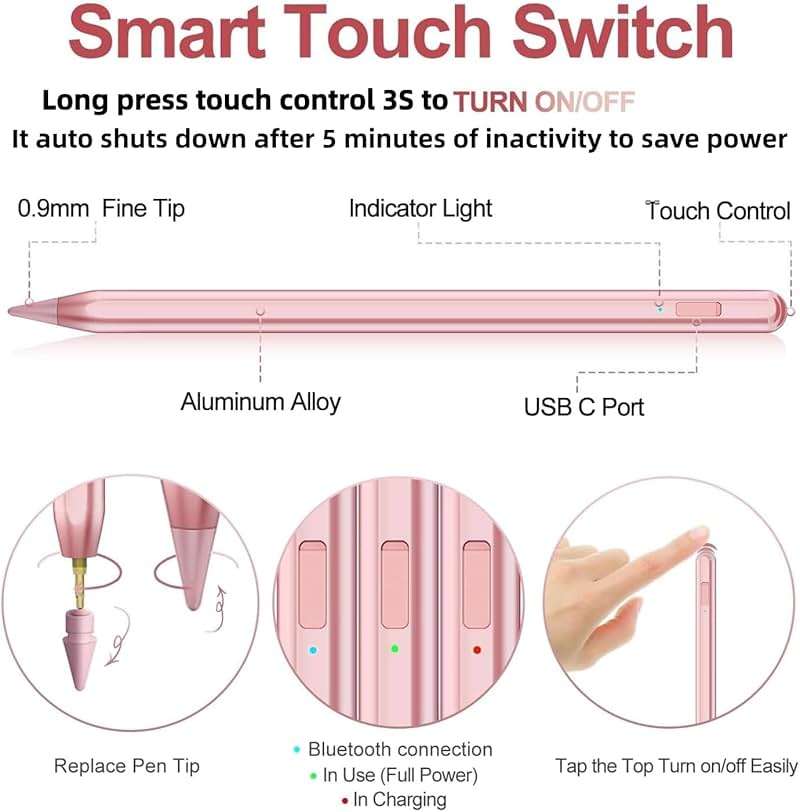 Stylus Pen for iPad 2018-2025 with Palm Rejection, Apple Pencil for Pad11th/10th/9th/8th/7th/6th Gen, iPad Pro 11/12.9 inch, New iPad Air 2025 11&13-inch(M3/2) /5th/4th/3th Gen, iPad mini 6th/5th - Image 6