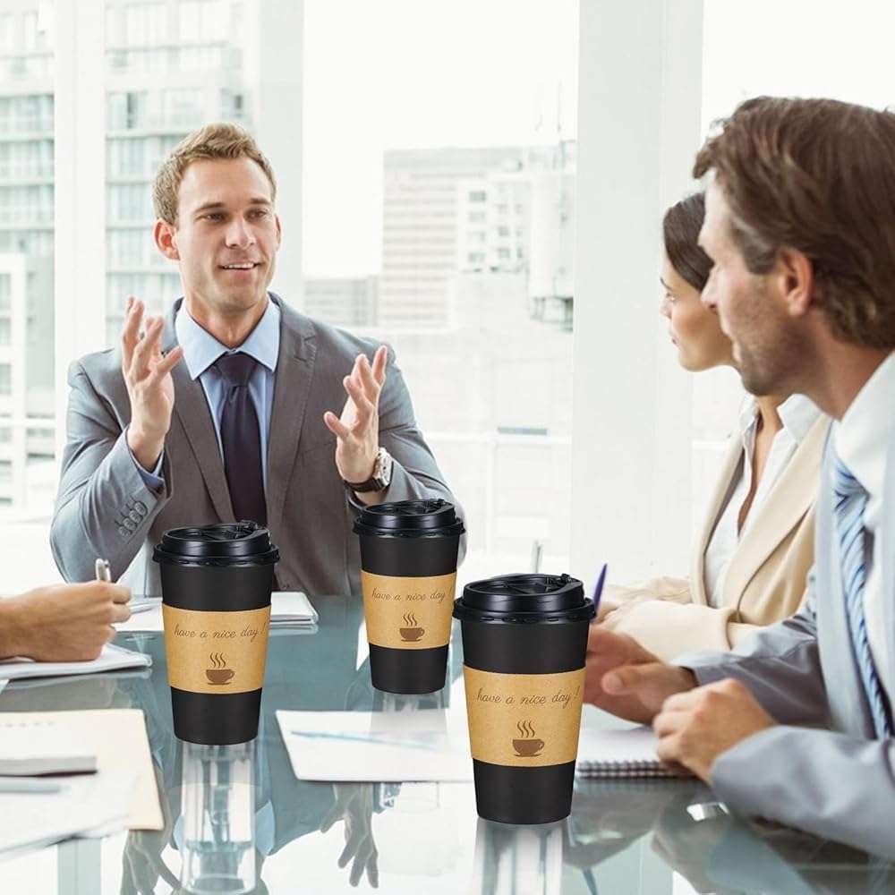 Lamosi 16 oz Coffee Cups 50 Pack, Disposable Coffee To Go Cups with Lids, Stir Sticks and Sleeves, 16 oz Black Hot Paper Cup for Home, Travel, Office - Image 2