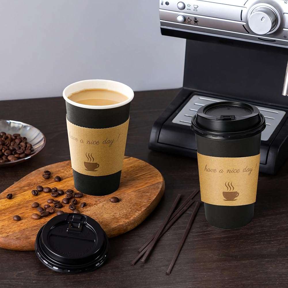 Lamosi 16 oz Coffee Cups 50 Pack, Disposable Coffee To Go Cups with Lids, Stir Sticks and Sleeves, 16 oz Black Hot Paper Cup for Home, Travel, Office - Image 5