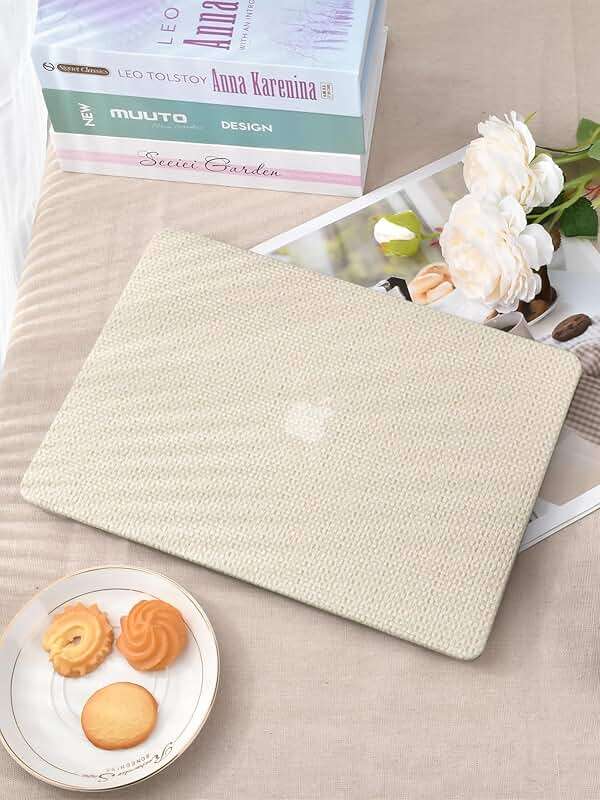 Seorsok Compatible with MacBook Air 13 Inch Case 2022-2018 Release A1932 A2179 M1 A2337 Touch ID,Elegant Leather Plastic Hard Shell Case with Keyboard Cover,Beige Woven Fabric No Logo Cutout Design - Image 4