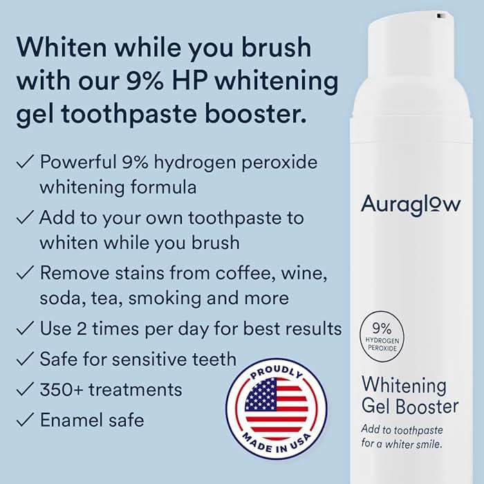 Auraglow Teeth Whitening Gel for Toothpaste, 9% Hydrogen Peroxide, Add to Toothpaste to Whiten, 350+ Whitening Treatments, Removes Coffee Wine Tea Stains, No Trays or Strips, Made in USA, 2.6oz - Image 3