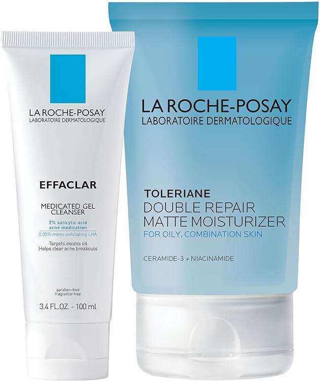 La Roche-Posay Acne Skin Care Set, Toleriane Double Repair Matte Moisturizer 75ml & Effaclar Medicated Gel Cleasner 100ml, Gel Moisturizer with Niacinamide & Acne Cleasner with Salicylic Acid - Image 1