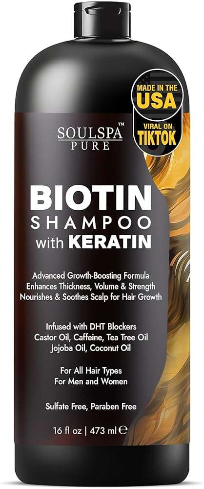 SOULSPA PURE Biotin Shampoo with Keratin - Advanced Anti-Thinning, Hair Growth & Repair Formula - Soothes Scalp, with Tea Tree Oil & DHT Blockers - Strong, Healthy Hair for Men & Women - 16 fl oz - Image 1