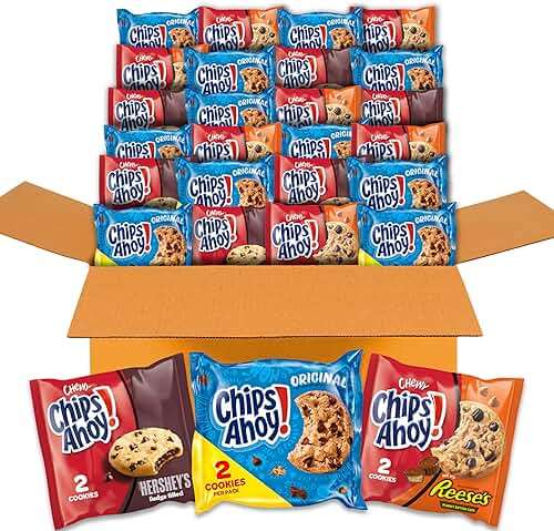 CHIPS AHOY! Cookies Variety Pack, Original Chocolate Chip, Chewy Chocolate Chip with Reese's Peanut Butter Cups & Chewy Hershey's Fudge Filled Soft Cookies, 50 Snack Packs (2 Cookies Per Pack) - Image 1
