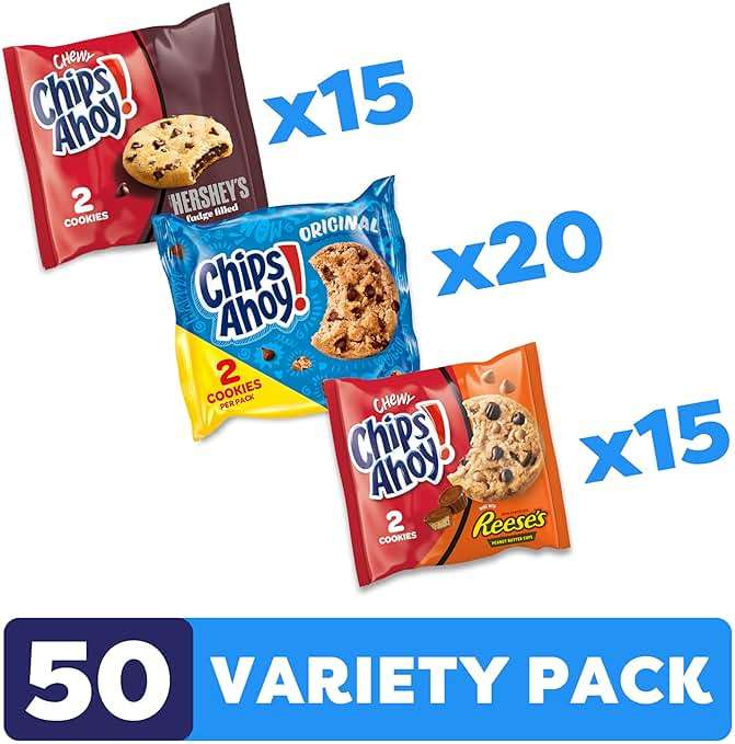 CHIPS AHOY! Cookies Variety Pack, Original Chocolate Chip, Chewy Chocolate Chip with Reese's Peanut Butter Cups & Chewy Hershey's Fudge Filled Soft Cookies, 50 Snack Packs (2 Cookies Per Pack) - Image 3