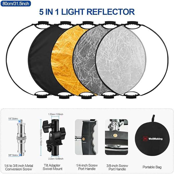 WELLMAKING 32 Inch (80cm) Reflector Photography, Collapsible Light Reflector with Bag & tilt Adapter, 5 in 1 Handle Reflector for Studio & Outdoor Lighting -Translucent, Silver, Gold, White and Black - Image 2