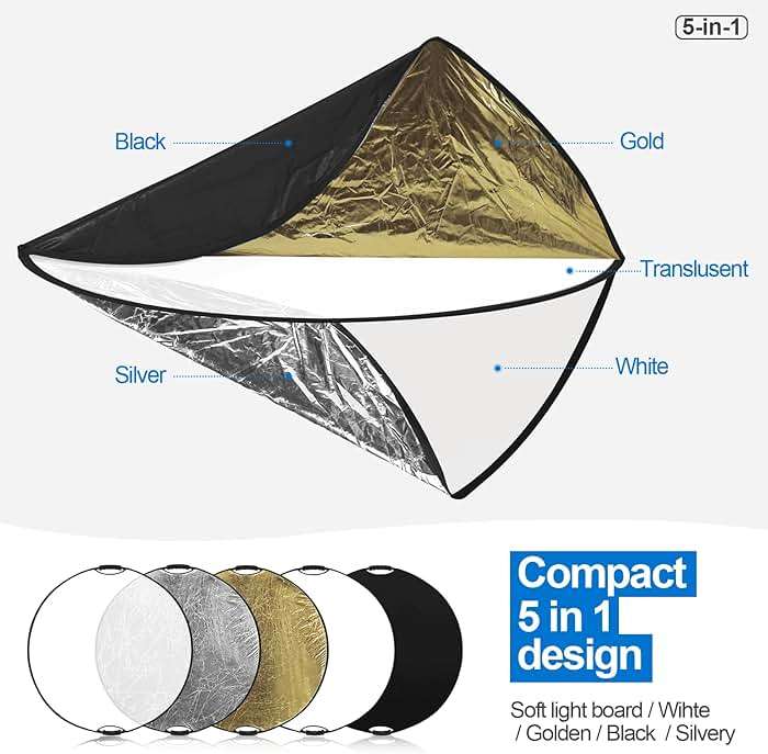 WELLMAKING 32 Inch (80cm) Reflector Photography, Collapsible Light Reflector with Bag & tilt Adapter, 5 in 1 Handle Reflector for Studio & Outdoor Lighting -Translucent, Silver, Gold, White and Black - Image 5