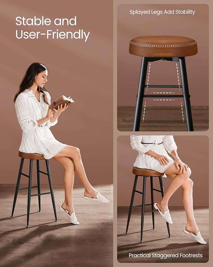 VASAGLE EKHO Collection - Bar Stools Set of 2, Bar Height Bar Stools, Kitchen Counter Stools, Mid-Century Modern Backless Counter Stools, 30-Inch Tall, Kitchen Island Home Bar, Caramel Brown - Image 5