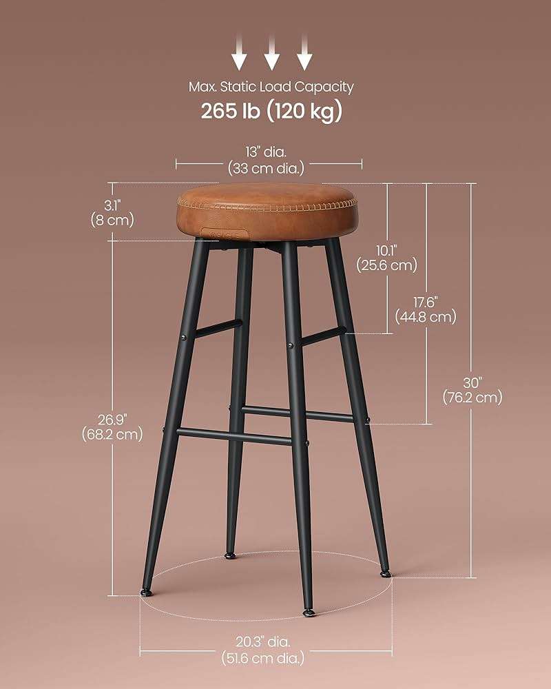 VASAGLE EKHO Collection - Bar Stools Set of 2, Bar Height Bar Stools, Kitchen Counter Stools, Mid-Century Modern Backless Counter Stools, 30-Inch Tall, Kitchen Island Home Bar, Caramel Brown - Image 6