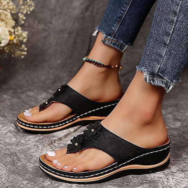 Orthopedic Sandals with Arch Support Flip Flops for Women Wedge Sandals Comfortable Walking Sandals Cushion Footbed Platform Sandals Dressy Summer Slip on Sandals Thong Sandals Casual (a-Black, 8.5) - Image 3