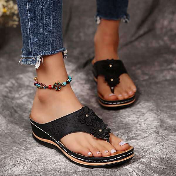Orthopedic Sandals with Arch Support Flip Flops for Women Wedge Sandals Comfortable Walking Sandals Cushion Footbed Platform Sandals Dressy Summer Slip on Sandals Thong Sandals Casual (a-Black, 8.5) - Image 4