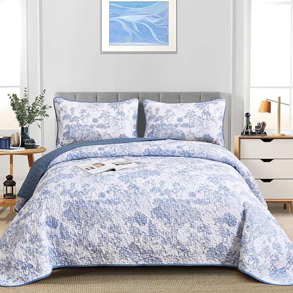 WONGS BEDDING Blue Quilt Set King Size, 3 Pieces Botanical Bedspreads Set Lightweight Microfiber Blue Toile Plants Pattern Coverlet Home Decor for All Seasons(104"×90") - Image 2
