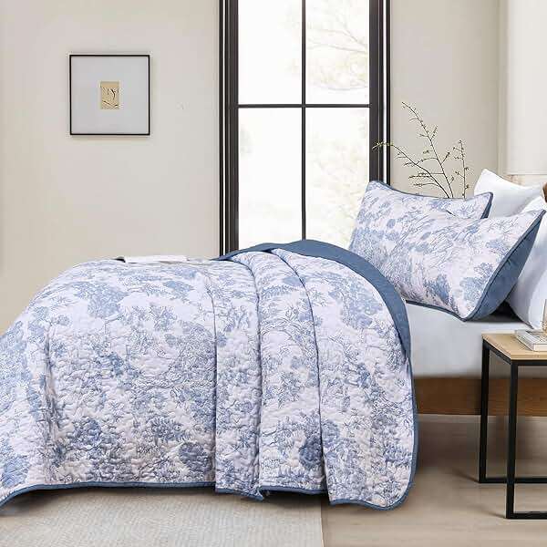 WONGS BEDDING Blue Quilt Set King Size, 3 Pieces Botanical Bedspreads Set Lightweight Microfiber Blue Toile Plants Pattern Coverlet Home Decor for All Seasons(104"×90") - Image 3