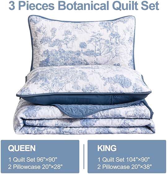 WONGS BEDDING Blue Quilt Set King Size, 3 Pieces Botanical Bedspreads Set Lightweight Microfiber Blue Toile Plants Pattern Coverlet Home Decor for All Seasons(104"×90") - Image 4