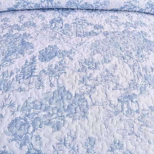 WONGS BEDDING Blue Quilt Set King Size, 3 Pieces Botanical Bedspreads Set Lightweight Microfiber Blue Toile Plants Pattern Coverlet Home Decor for All Seasons(104"×90") - Image 6