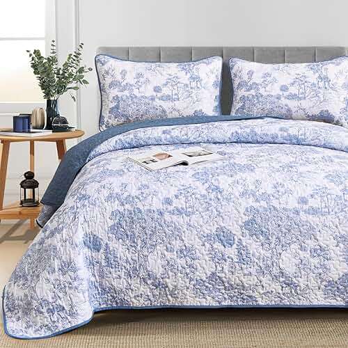 WONGS BEDDING Blue Quilt Set King Size, 3 Pieces Botanical Bedspreads Set Lightweight Microfiber Blue Toile Plants Pattern Coverlet Home Decor for All Seasons(104"×90") - Image 7