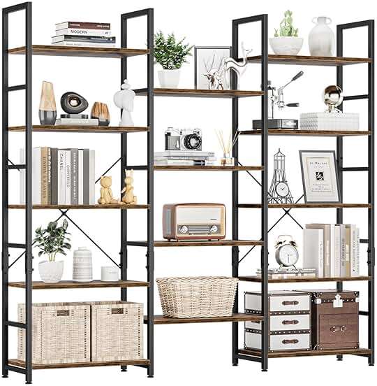 NUMENN Triple Wide 5 Tier Bookshelf, Rustic Industrial Style Bookcases with 14 Open Display Shelves, Modern Tall Bookcase Furniture for Bedroom, Living Room and Home Office, Vintage - Image 1