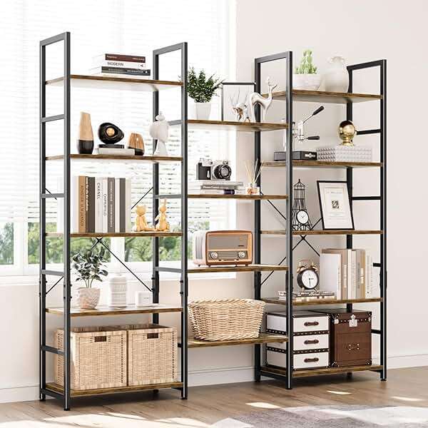 NUMENN Triple Wide 5 Tier Bookshelf, Rustic Industrial Style Bookcases with 14 Open Display Shelves, Modern Tall Bookcase Furniture for Bedroom, Living Room and Home Office, Vintage - Image 2