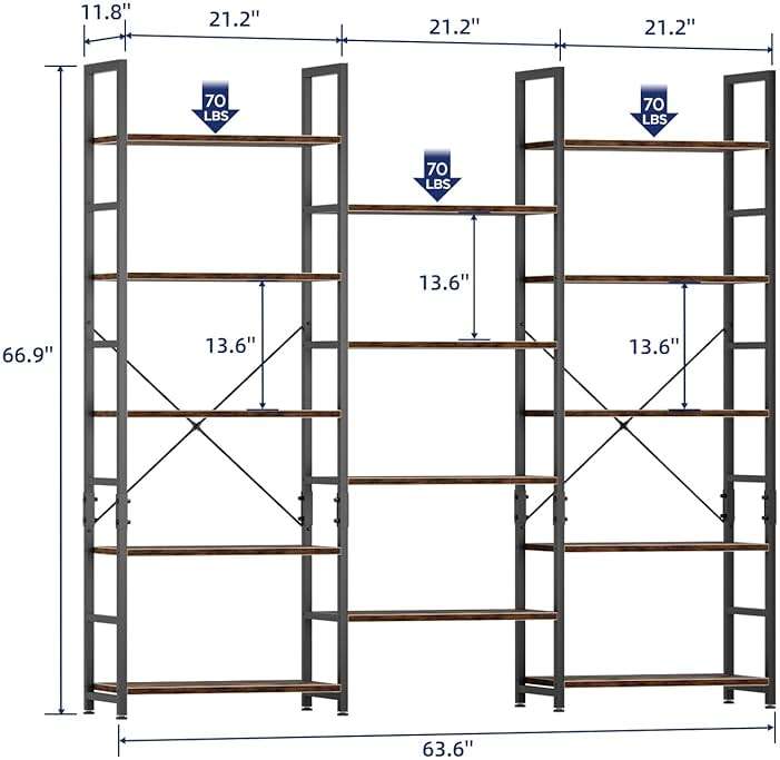 NUMENN Triple Wide 5 Tier Bookshelf, Rustic Industrial Style Bookcases with 14 Open Display Shelves, Modern Tall Bookcase Furniture for Bedroom, Living Room and Home Office, Vintage - Image 3
