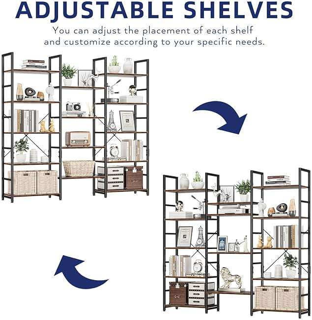 NUMENN Triple Wide 5 Tier Bookshelf, Rustic Industrial Style Bookcases with 14 Open Display Shelves, Modern Tall Bookcase Furniture for Bedroom, Living Room and Home Office, Vintage - Image 4