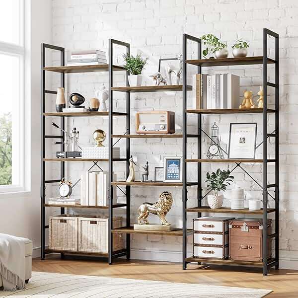 NUMENN Triple Wide 5 Tier Bookshelf, Rustic Industrial Style Bookcases with 14 Open Display Shelves, Modern Tall Bookcase Furniture for Bedroom, Living Room and Home Office, Vintage - Image 5