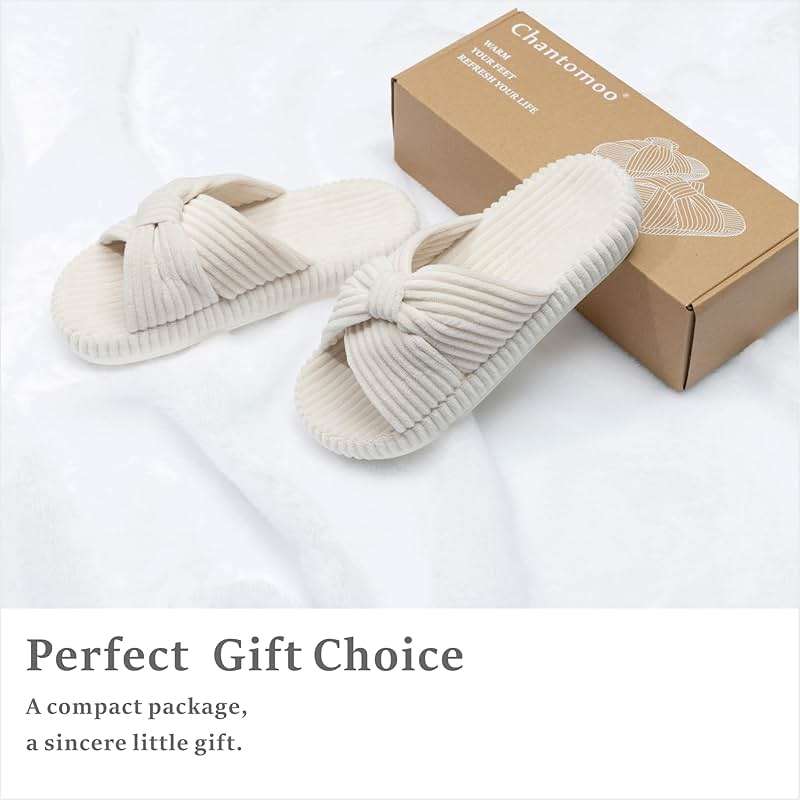 Chantomoo Slippers for Women Memory Foam House Bedroom Corduroy Bow Crossbands Slipper Shoes Comfy Trendy Gift Slippers - Image 4