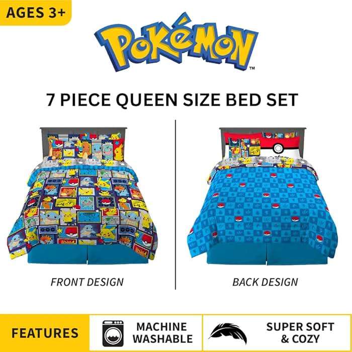 Pokémon Pikachu Queen Size Bedding Set – Kids Bedding Super Soft Cozy Reversible Comforter and Sheet Set with Sham, 7 Piece Queen Size, (Officially Licensed Product) by Franco - Image 3