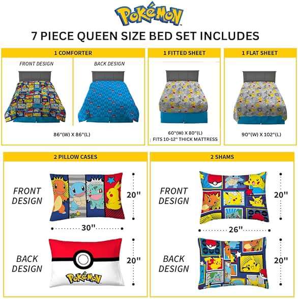 Pokémon Pikachu Queen Size Bedding Set – Kids Bedding Super Soft Cozy Reversible Comforter and Sheet Set with Sham, 7 Piece Queen Size, (Officially Licensed Product) by Franco - Image 4