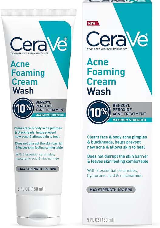 CeraVe Acne Foaming Cream Wash, Gentle Face and Body Cleanser with Benzoyl Peroxide 10%, Hyaluronic Acid, and Niacinamide, 10% Benzoyl Peroxide Treatment Clears Pimples and Blackheads 5 Oz - Image 1