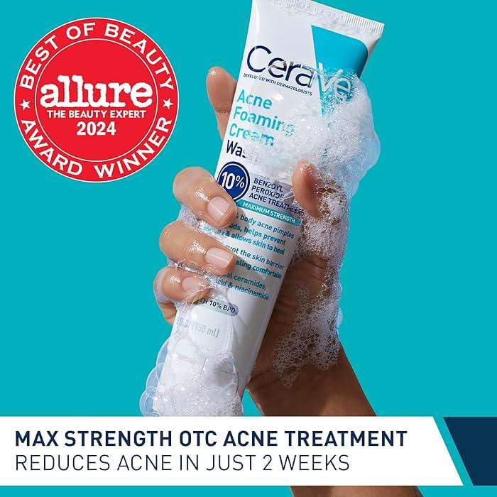 CeraVe Acne Foaming Cream Wash, Gentle Face and Body Cleanser with Benzoyl Peroxide 10%, Hyaluronic Acid, and Niacinamide, 10% Benzoyl Peroxide Treatment Clears Pimples and Blackheads 5 Oz - Image 2
