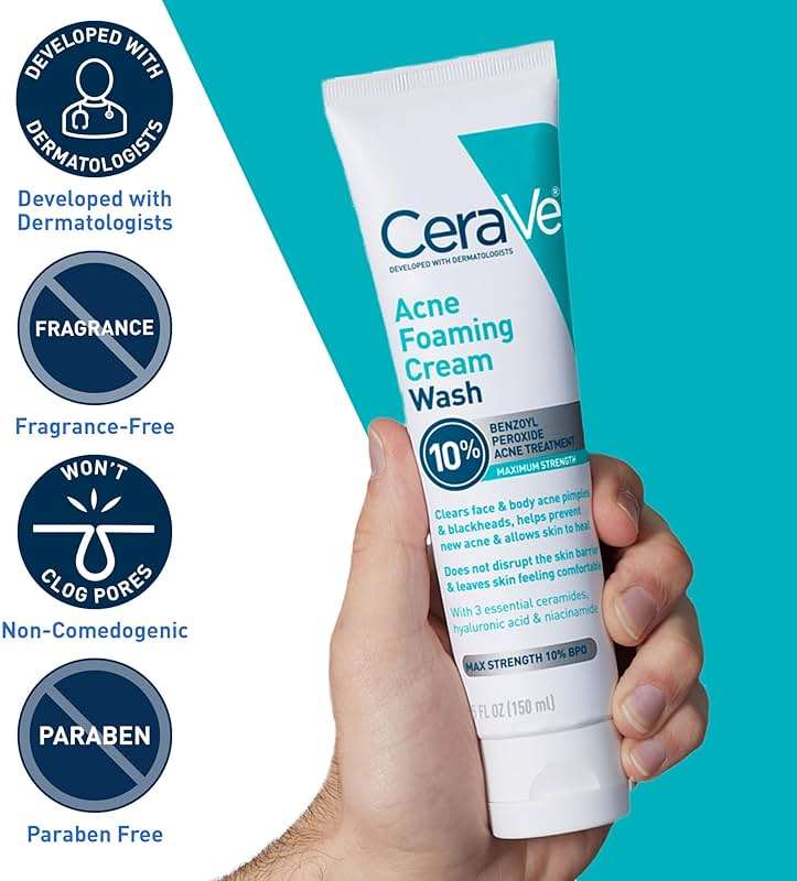 CeraVe Acne Foaming Cream Wash, Gentle Face and Body Cleanser with Benzoyl Peroxide 10%, Hyaluronic Acid, and Niacinamide, 10% Benzoyl Peroxide Treatment Clears Pimples and Blackheads 5 Oz - Image 6