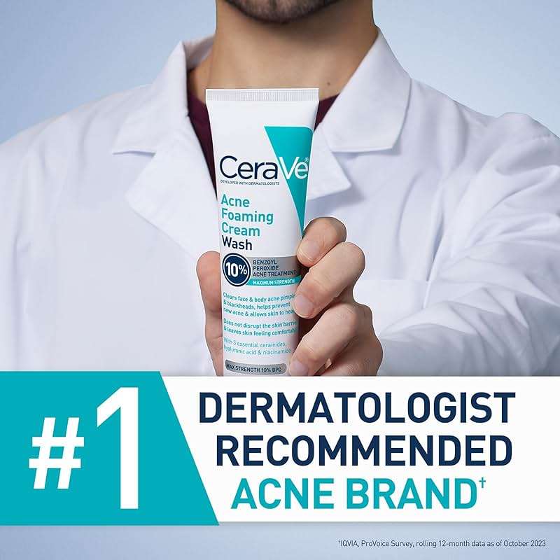CeraVe Acne Foaming Cream Wash, Gentle Face and Body Cleanser with Benzoyl Peroxide 10%, Hyaluronic Acid, and Niacinamide, 10% Benzoyl Peroxide Treatment Clears Pimples and Blackheads 5 Oz - Image 8