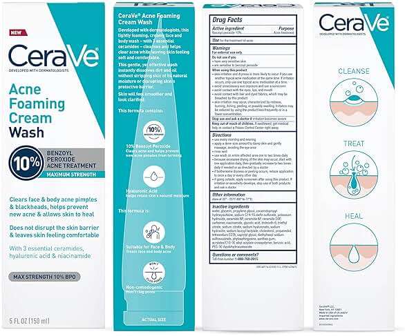 CeraVe Acne Foaming Cream Wash, Gentle Face and Body Cleanser with Benzoyl Peroxide 10%, Hyaluronic Acid, and Niacinamide, 10% Benzoyl Peroxide Treatment Clears Pimples and Blackheads 5 Oz - Image 10