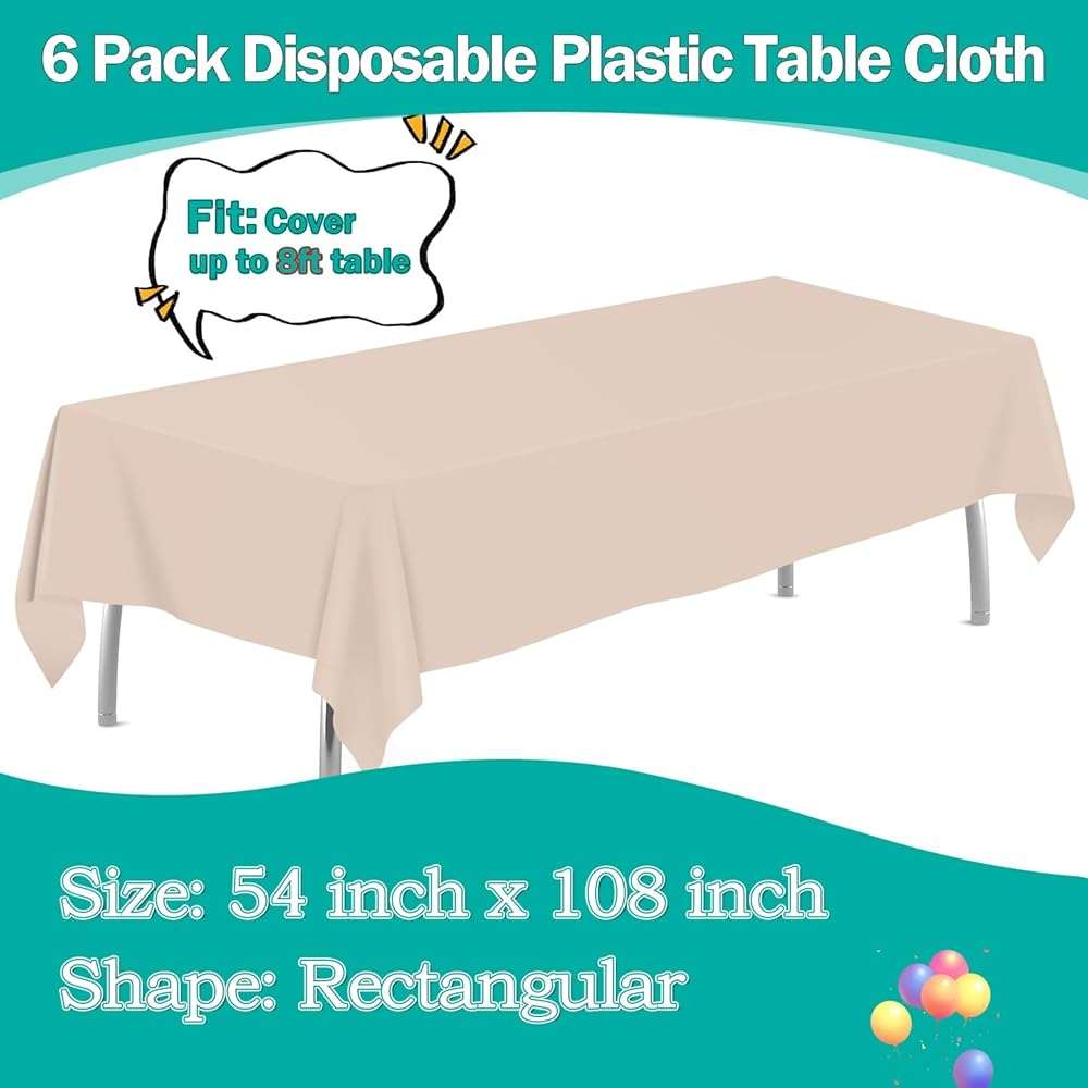 tujol Ivory 6 Pack Plastic Table Cloth 54" x 108", Disposable Tablecloths Rectangle Table Cover, Plastic Tablecloths for Parties - Image 3