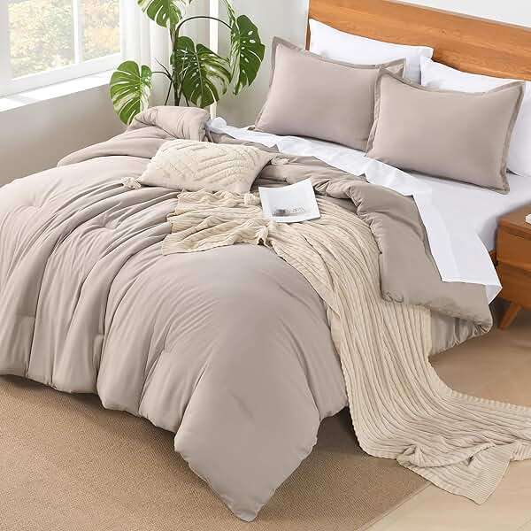 Andency Queen Comforter Set - 7 Pieces Bed in a Bag Queen Bedding Comforter Sets Oatmeal, Winter Solid Soft Lightweight Comforter with Fitted Sheets, Flat Sheets, Pillowcases & Shams - Image 1