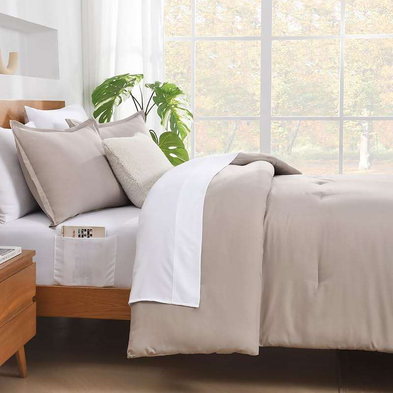 Andency Queen Comforter Set - 7 Pieces Bed in a Bag Queen Bedding Comforter Sets Oatmeal, Winter Solid Soft Lightweight Comforter with Fitted Sheets, Flat Sheets, Pillowcases & Shams - Image 4