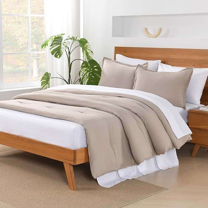 Andency Queen Comforter Set - 7 Pieces Bed in a Bag Queen Bedding Comforter Sets Oatmeal, Winter Solid Soft Lightweight Comforter with Fitted Sheets, Flat Sheets, Pillowcases & Shams - Image 7