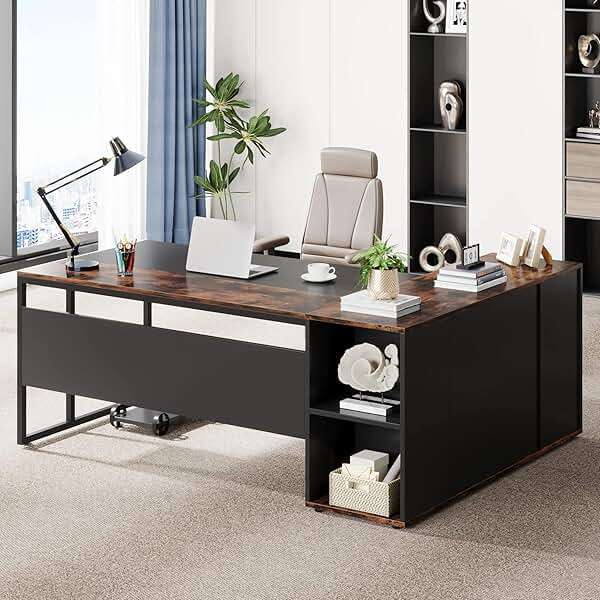 Tribesigns 71 inch Executive Desk, L Shaped Desk with Cabinet Storage, Executive Office Desk with Shelves, Business Furniture Workstation for Home Office, Brown and Black - Image 1