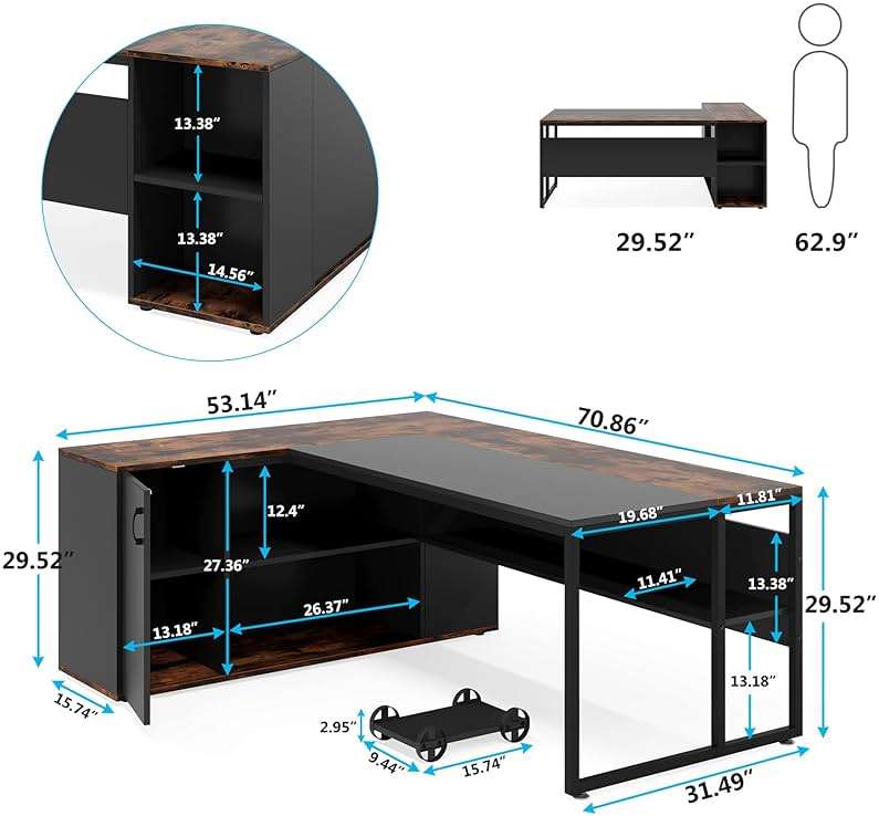 Tribesigns 71 inch Executive Desk, L Shaped Desk with Cabinet Storage, Executive Office Desk with Shelves, Business Furniture Workstation for Home Office, Brown and Black - Image 2