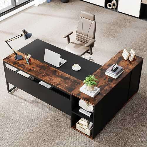 Tribesigns 71 inch Executive Desk, L Shaped Desk with Cabinet Storage, Executive Office Desk with Shelves, Business Furniture Workstation for Home Office, Brown and Black - Image 3