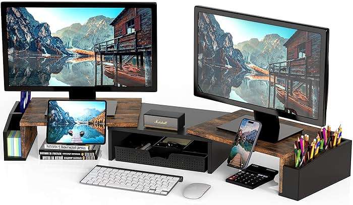 Simple Houseware Desk Dual Monitor Stand Riser with Drawer, Rustic Brown - Image 1