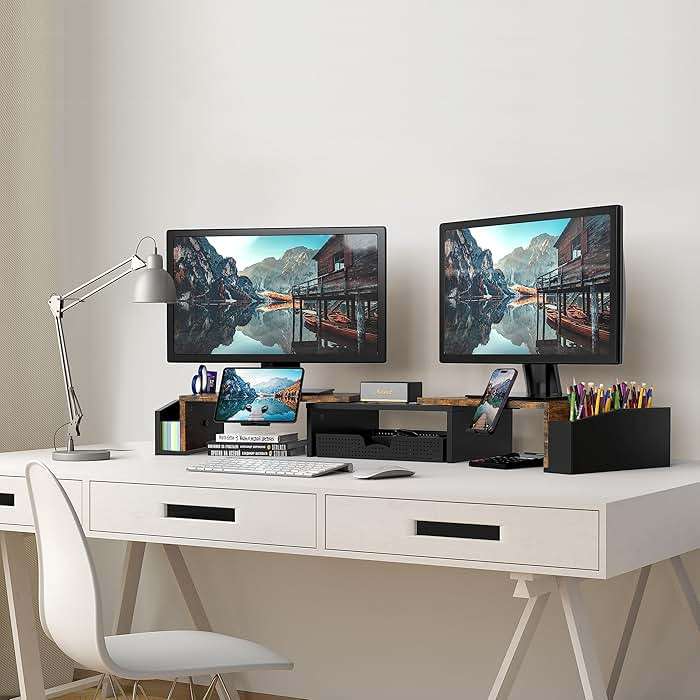 Simple Houseware Desk Dual Monitor Stand Riser with Drawer, Rustic Brown - Image 2