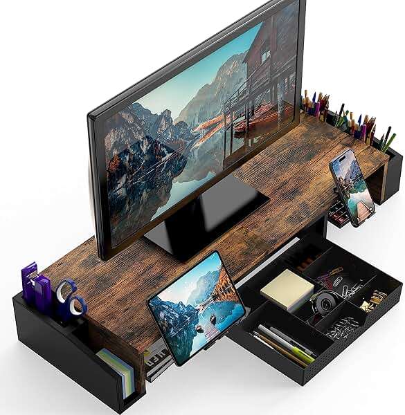 Simple Houseware Desk Dual Monitor Stand Riser with Drawer, Rustic Brown - Image 4