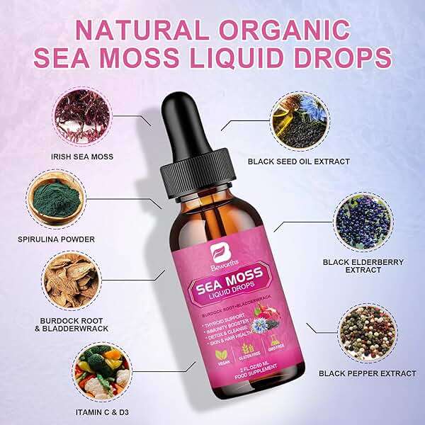 Sea Moss Liquid Drops - Organic Irish Sea Moss with Black Seed Oil, Ashwagandha, Soursop, Bladderwrack, Burdock Root, Elderberry, Turmeric | Seamoss for Immune Support, Energy, Hair & Digestion -Vegan - Image 2