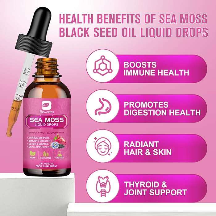 Sea Moss Liquid Drops - Organic Irish Sea Moss with Black Seed Oil, Ashwagandha, Soursop, Bladderwrack, Burdock Root, Elderberry, Turmeric | Seamoss for Immune Support, Energy, Hair & Digestion -Vegan - Image 3