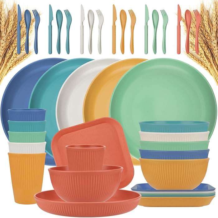 42-Piece Plates and Bowls Sets Wheat Straw Dinnerware Sets Service for 6, Unbreakable Dishwasher Microwave Safe Dishes Set Cups Sets Dinner Plates and Bowls Set for Kitchen - Image 1