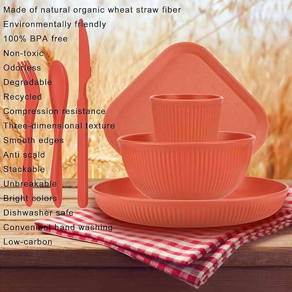 42-Piece Plates and Bowls Sets Wheat Straw Dinnerware Sets Service for 6, Unbreakable Dishwasher Microwave Safe Dishes Set Cups Sets Dinner Plates and Bowls Set for Kitchen - Image 5